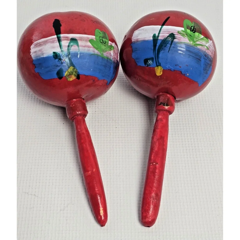 Set of 2 Large Vintage Mexican Carved and Painted Wooden Maracas 7.5